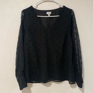 J.Crew Black Sheer Polka Dot Blouse | Size M Long Sleeve